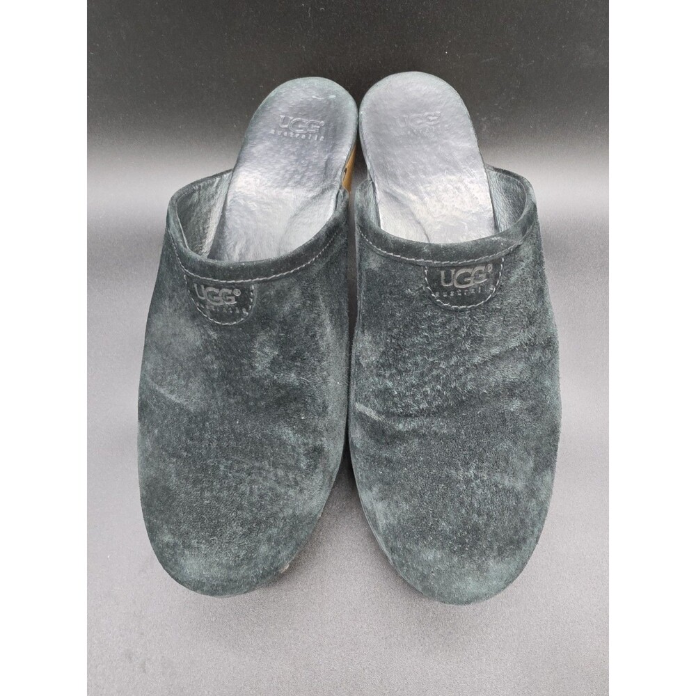 UGG Black Suede Wood Platform Clog Mules Shearling Lined As-Is Size 8.